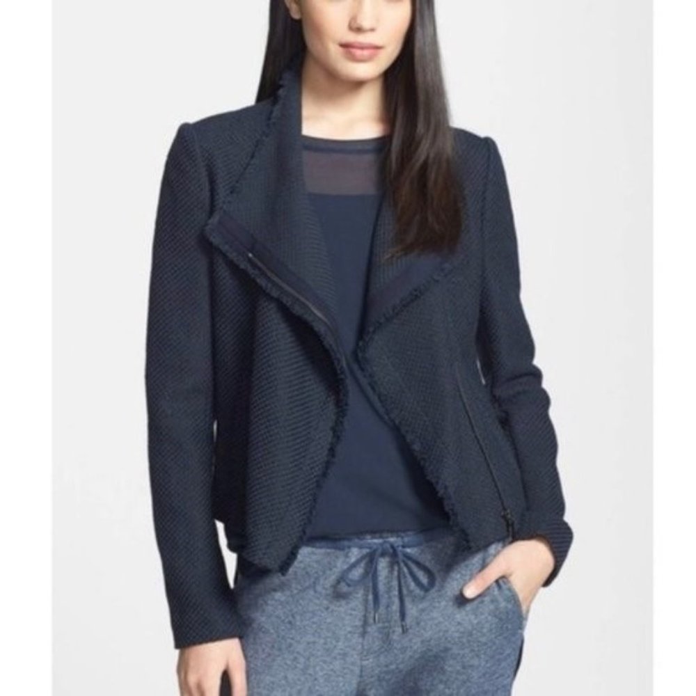 Vince Tweed Jacket with Frayed Edge, Asymmetrical Zip Cotton Blend